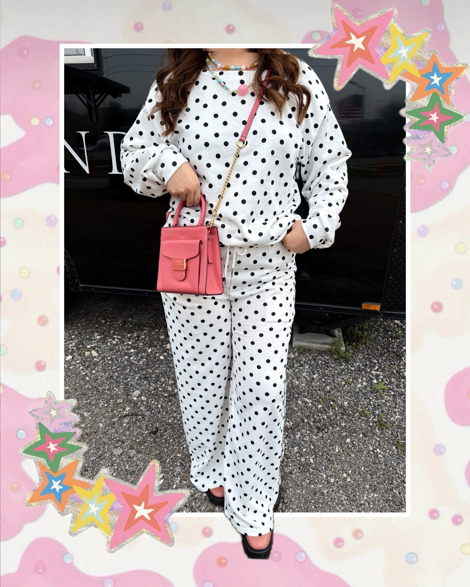 polka dot set, oversized!! I’m wearing a medium. Shoes are true to size 
Perfect for valentines outfit women

#LTKValentine #LTKootd #LTKMidsize