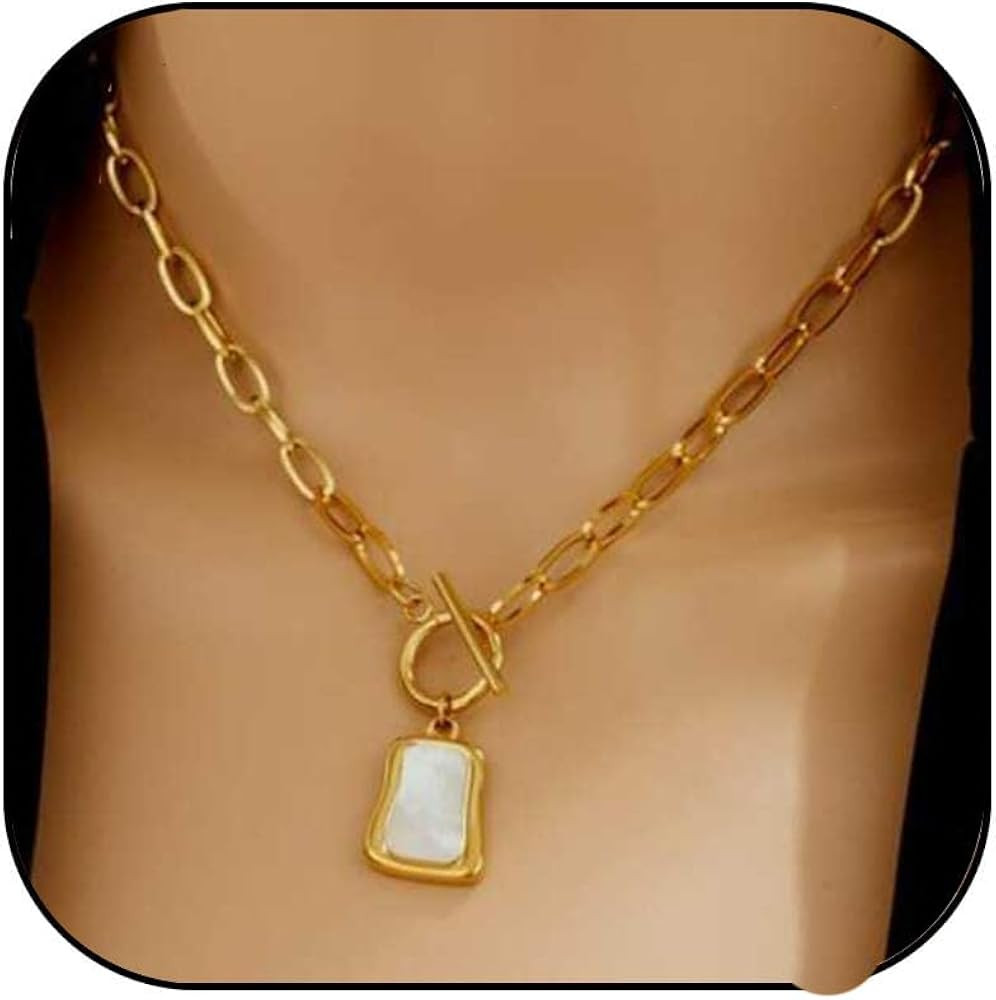 Gold Pendant Necklace for Women White Sea Shell OT Buckle Necklace Chunky Square Pendant Necklace... | Amazon (US)