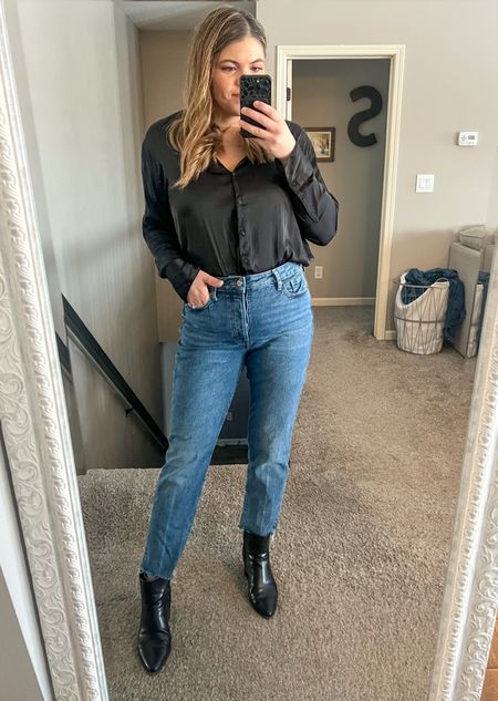 Casual outfit Sunday brunch 
Old navy straight jeans size 10 (sized down) and old navy satin button up and pointed black boots #midsize #curves #competition

#LTKunder50 #LTKcurves #LTKFind