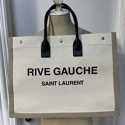 Saint Laurent Rive Gauche  NOE Tote Bag White Linen Black Neutral  $1690 Canvas | eBay US