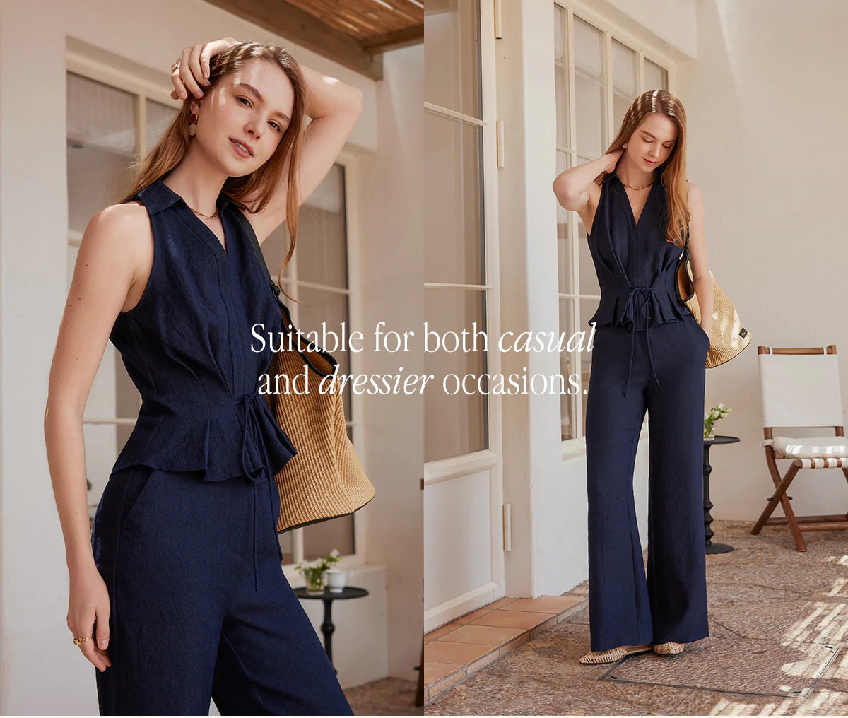 2Pcs Set Collared V-neck Sleeveless Top & Mid Rise Flared Pant with Pockets | OGLmove