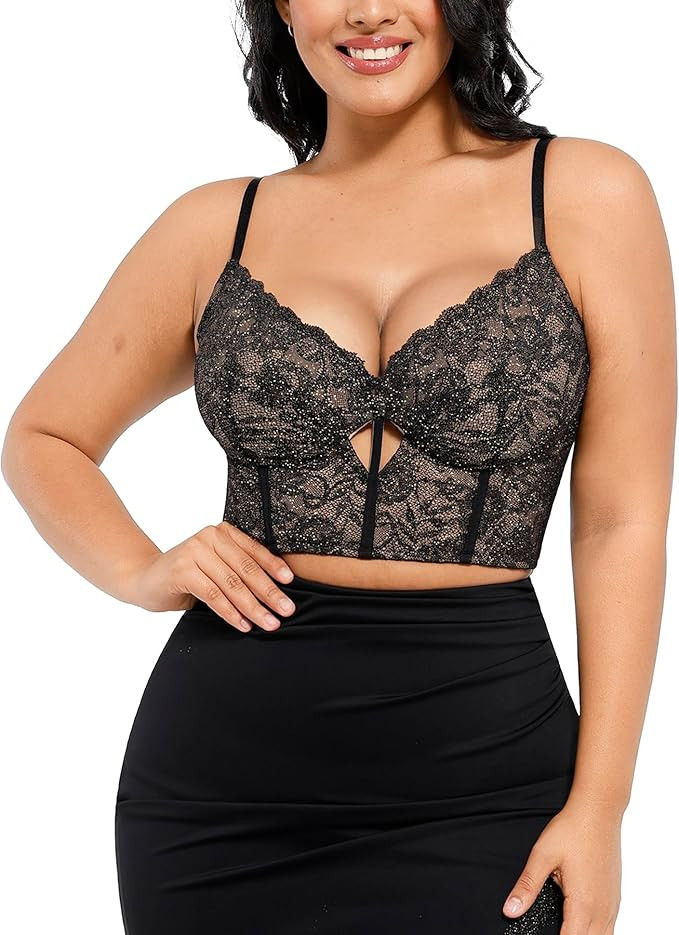 Popilush Womens Lace Push Up Bra Deep V Neck Bralette Bustier Top Corset Tops with Underwire Goin... | Amazon (US)
