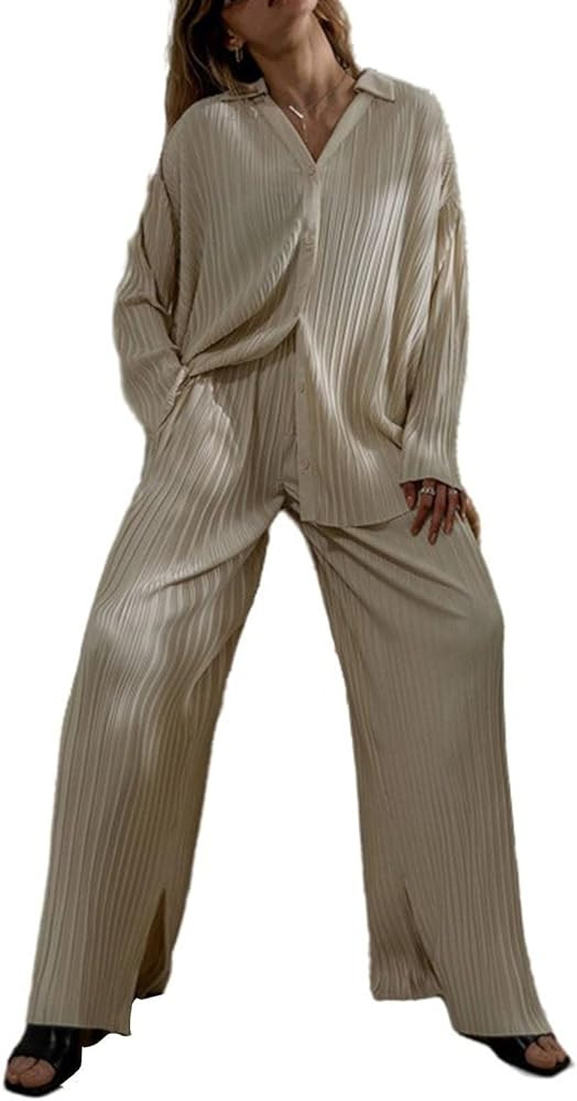 LAVIYE Women's Autumn 2 Piece Set Button Pleated Long Sleeve Top And Straight Leg Pants Trendy Ca... | Amazon (US)