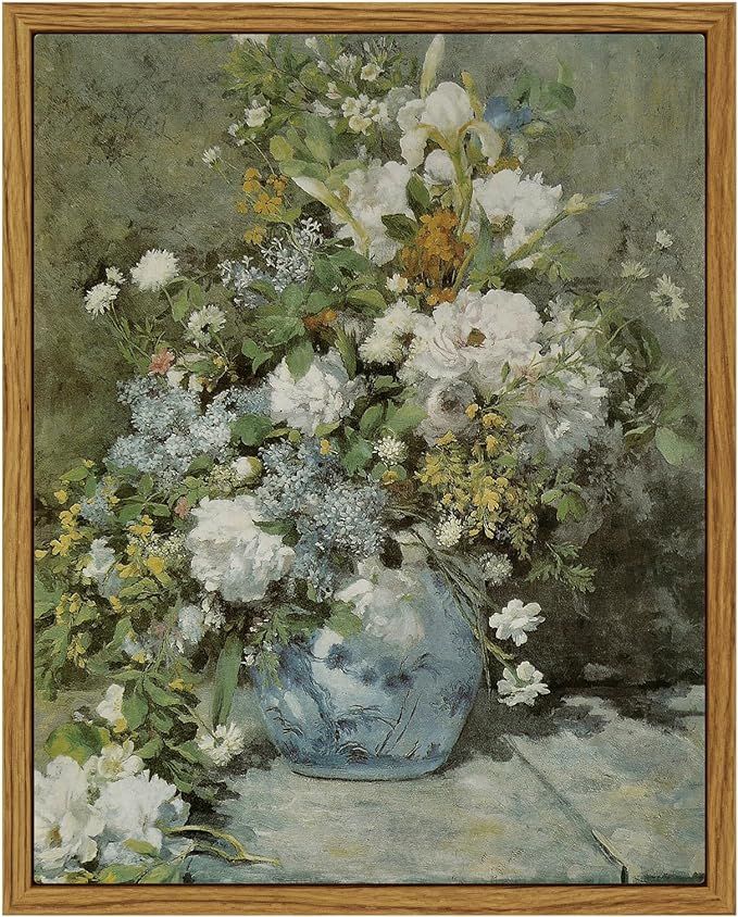 ARPEOTCY Framed Canvas Print Wall Art, Vintage French Flower Wall Art Home Decor, Ceramic Vase Fl... | Amazon (US)