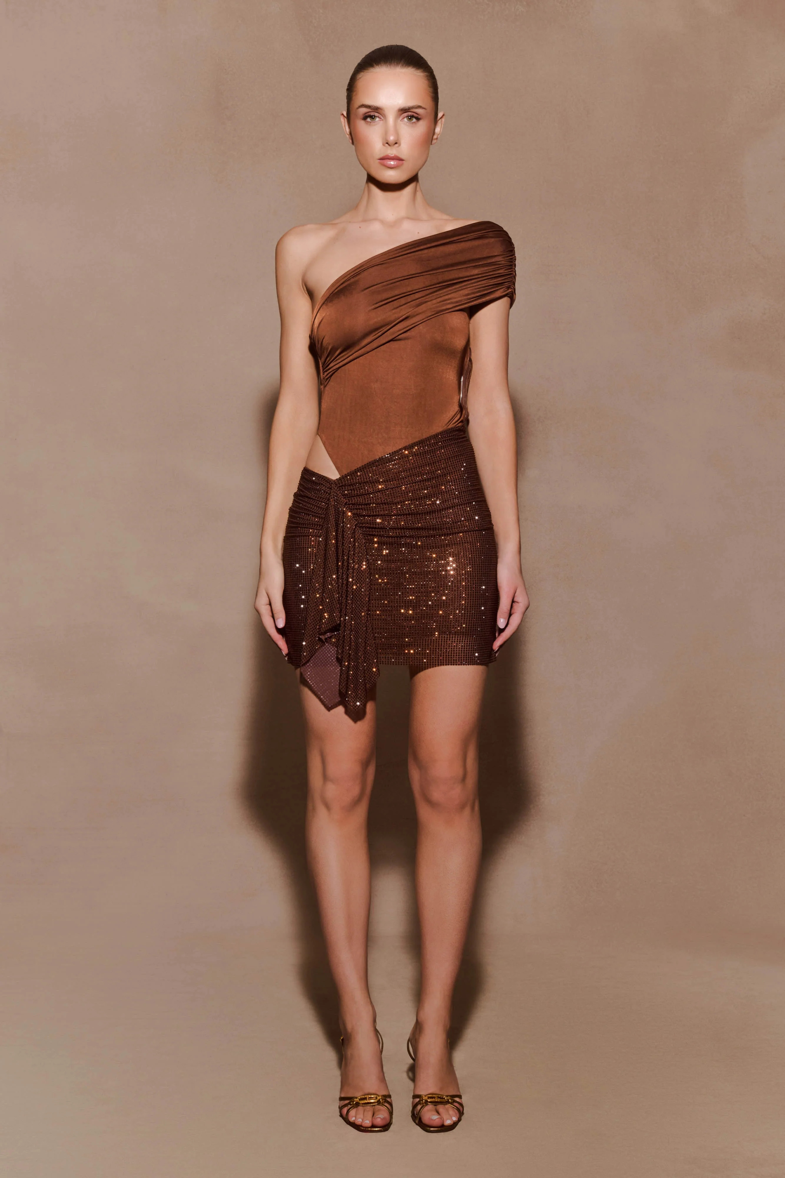 Paisley Slinky And Diamante Mini Dress - Chocolate | MESHKI US