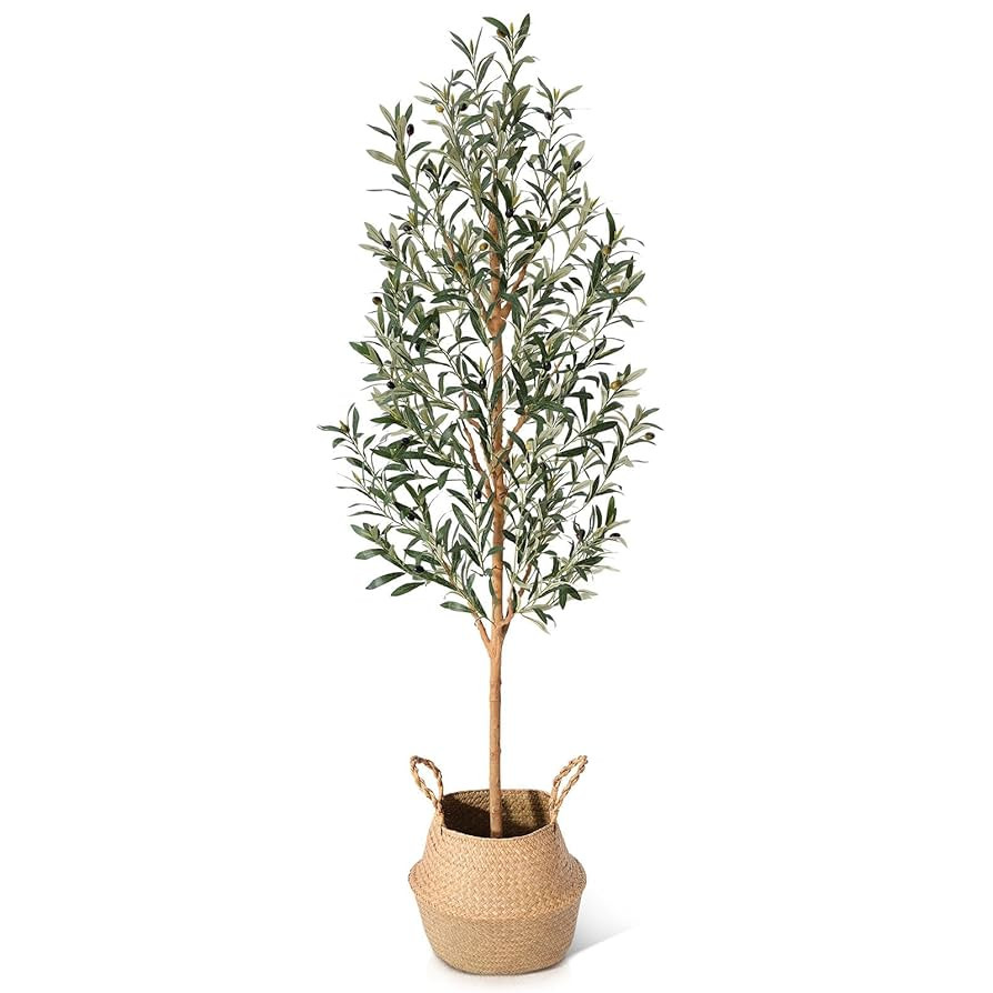 Faux Olive Tree 6FT – Tall Artificial Plants Indoor with Real Wood Trunk & Seagrass Basket, Lif... | Amazon (US)