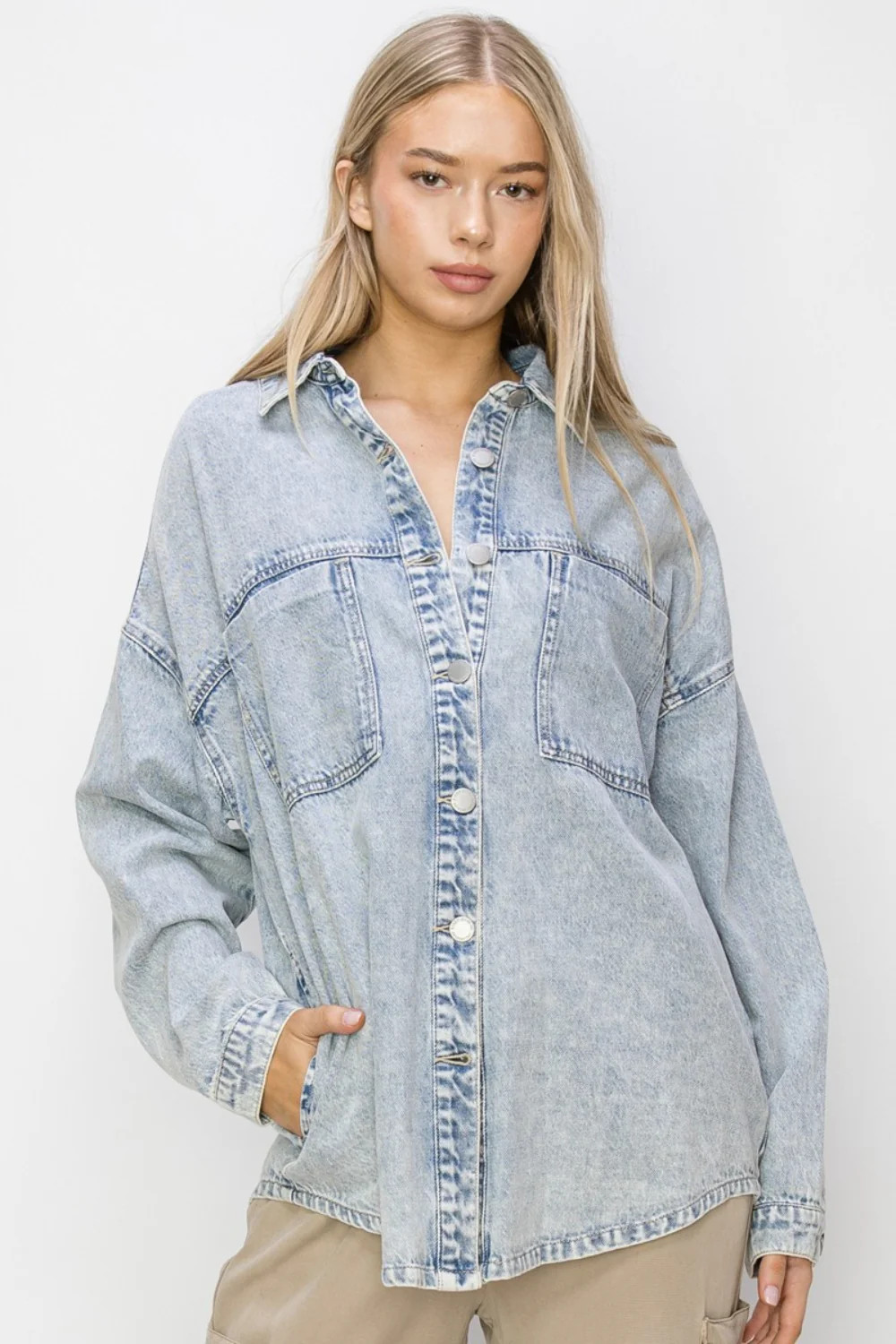 RISEN Button Up Long Sleeve Shacket Acid Light / S | Casual Chic Boutique