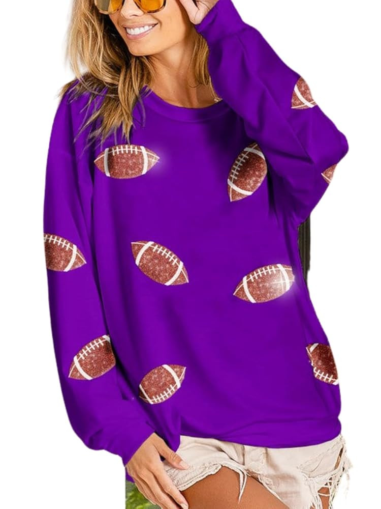 Womens Sparkle Football Sequin Rugby Sweatshirt Game Day Y2K Crewneck Oversized Shirt Long Sleeve... | Amazon (US)
