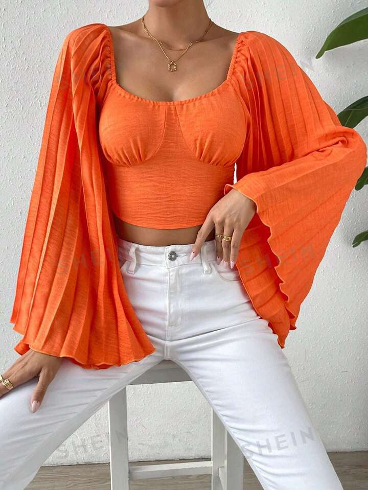 SHEIN Essnce Tie Backless Pleated Trumpet Sleeve Crop Blouse | SHEIN