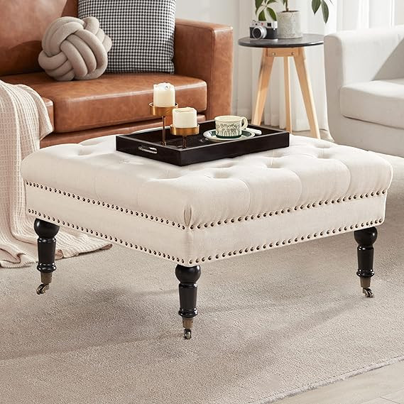 Kingfun Large Square Tufted Ottoman Coffee Table with Tray & Casters Wheels, Oversized Linen Cock... | Amazon (US)