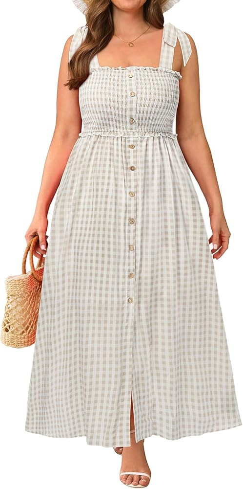 Plus Size Summer Dress - Sun Casual Beach Boho Floral Button Down Long Maxi Sundress | Amazon (US)