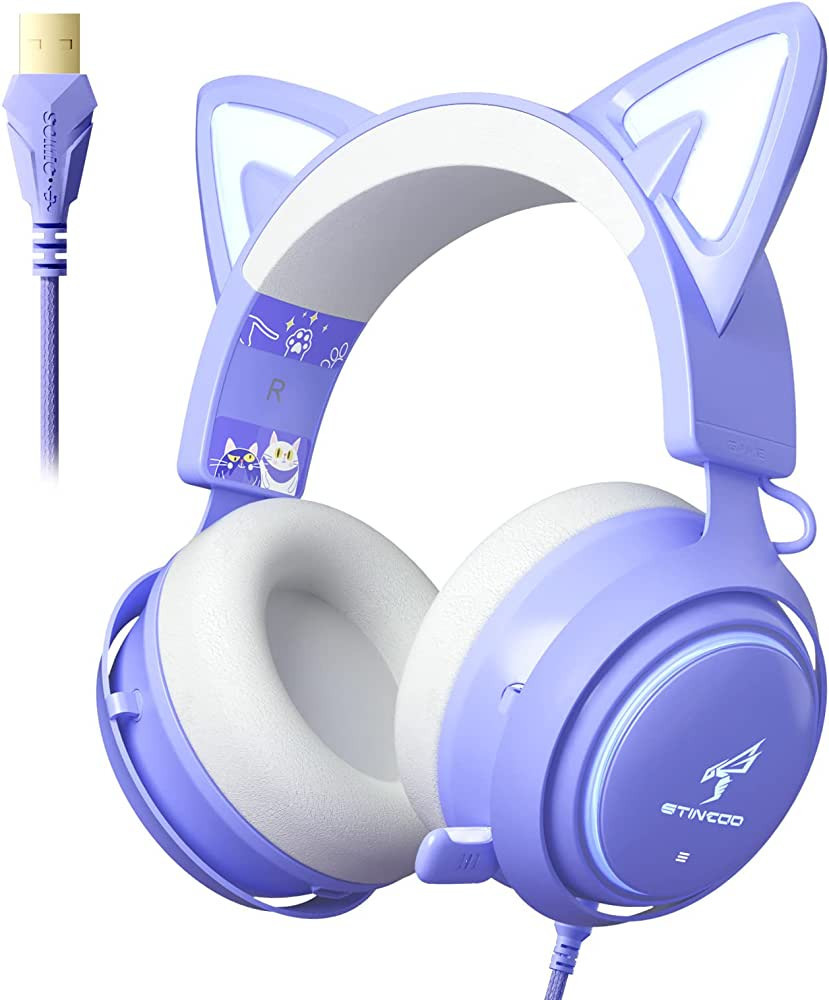 EASARS Cat Ear Headset, USB Gaming Headset with Retractable Mic, 7.1 Surround Sound, RGB Lighting... | Amazon (US)