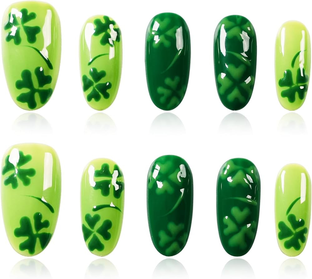 St. Patrick's Day Press on Nails Hand-painted Medium Oval, Spring Summer Green Four Leaf Cover De... | Amazon (US)