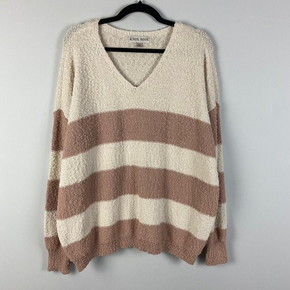 Knox Rose Sweater Pullover Size XL Cream Pink Stripe V Neck Relaxed Boho | Poshmark