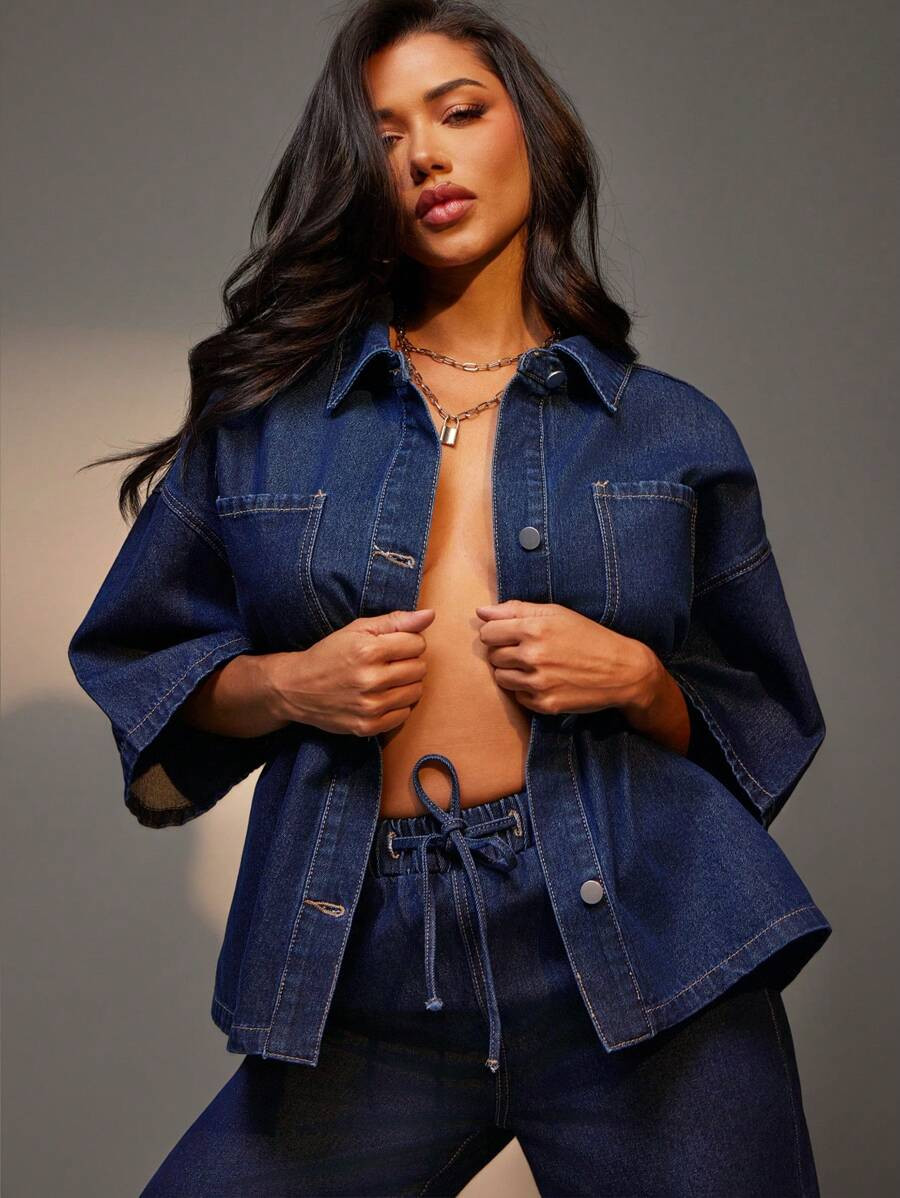 Denimoi Women's Drop Shoulder Sleeve Loose Single-Breasted Casual Pocket Denim Shirt | SHEIN