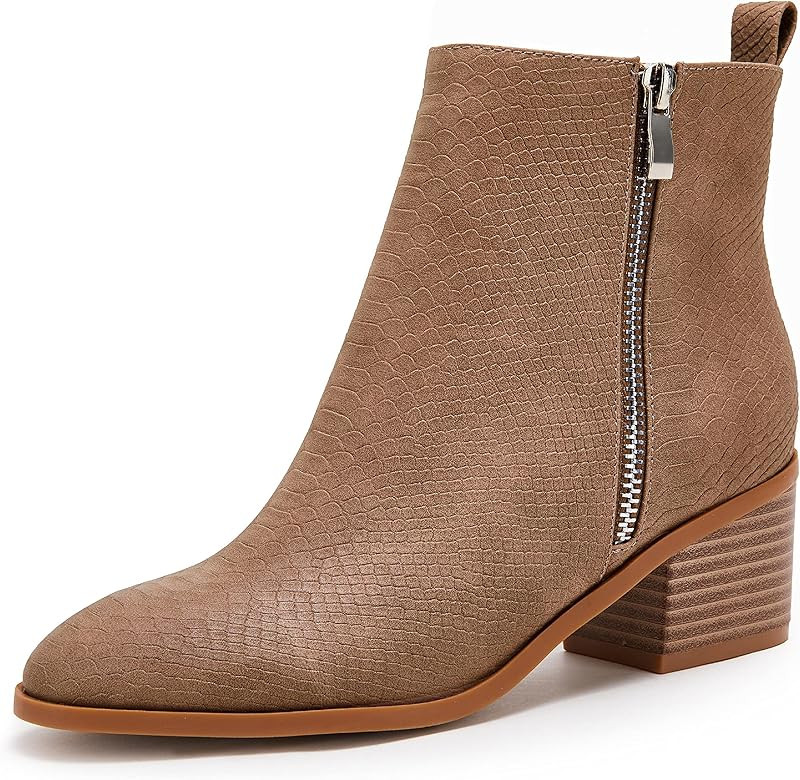 FISACE Womens Pointed Toe Mid Heel Ankle Boots Side Zipper Chunky Stacked Block Heeled Western Booti | Amazon (US)