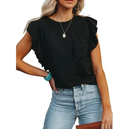 Frontwalk Summer Women Tunic Tops Ruffle Cap Sleeves Shirts Solid Loose Babydoll Tank Tops Pleated B | Walmart (US)