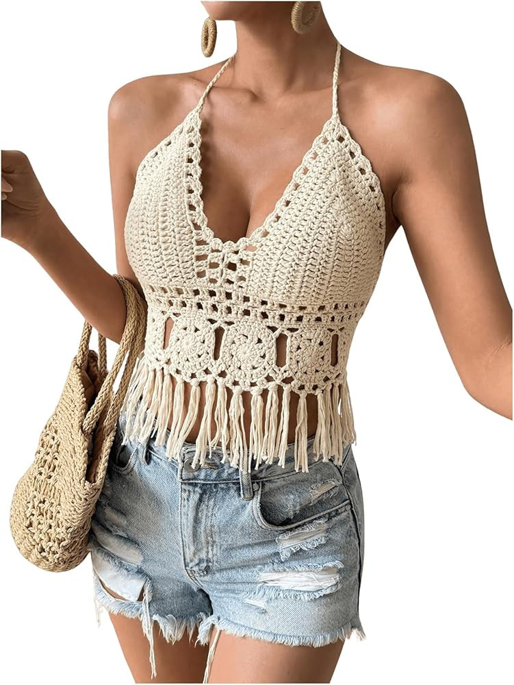 SOLY HUX Women's Crochet Tops Summer Sexy Knitted V Neck Sleeveless Camisole Halter Fringe Crop T... | Amazon (US)
