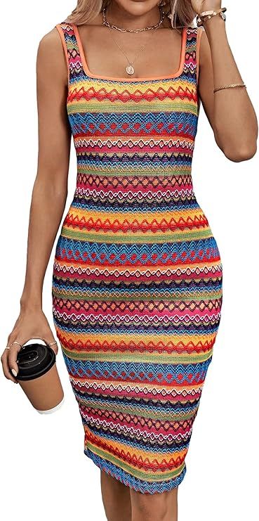 Verdusa Women's Square Neck Sleeveless Striped Long Pencil Bodycon Tank Dress Blue Multi M | Amazon (US)