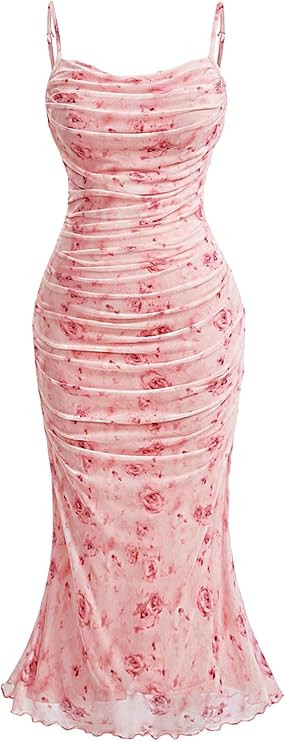 Floerns Women's Plus Size Floral Print Ruched Party Fishtail Hem Cami Midi Dress | Amazon (US)