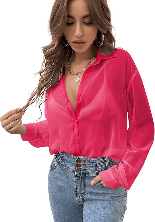 Verdusa Women's Sheer Mesh Button Down Shirt Top Long Sleeve Drop Shoulder Blouse | Amazon (US)