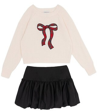 Tween Diva Big Girls Off The Shoulder Plaid Bow Applique Sweater Top & Skirt Set | Dillard's | Dillard's