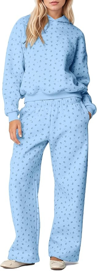 OLAPTA Women 2 Piece Outfits Ditsy Flower Print Sweatsuits Sets Long Sleeve Sweatshirts Wide Leg ... | Amazon (US)