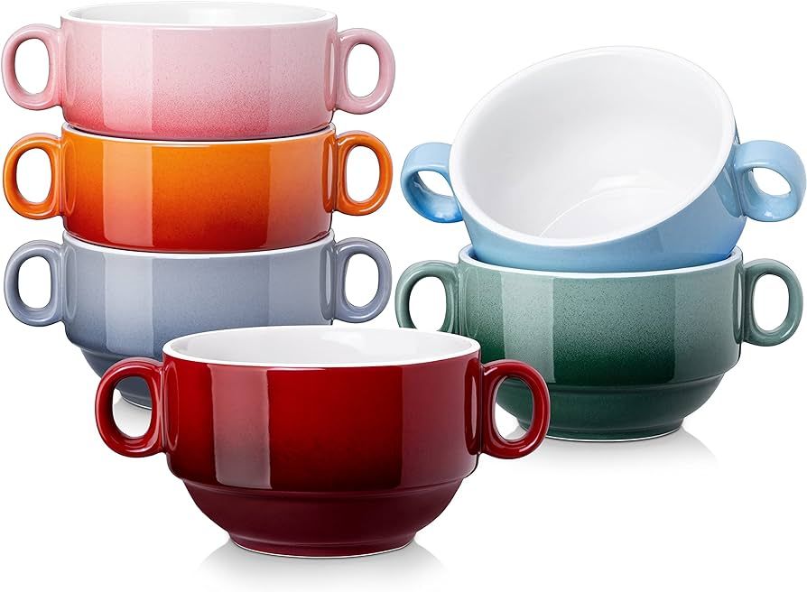 LOVECASA Multi-Color 13 OZ Soup Bowls with Handles, Ceramic French Onion Soup Bowls, Soup Mugs Se... | Amazon (US)
