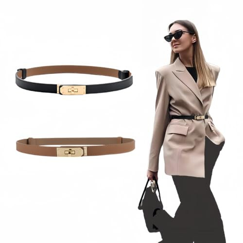 HATIKY Adjustable Thin Belts For Womens Skinny Belts For Dresses Women Belt with Alloy Turn Lock Adjustable Waistband Thin Waist Belt For Dress Jeans Coat (2pack) Black and Caramel/Gold | Amazon (US)
