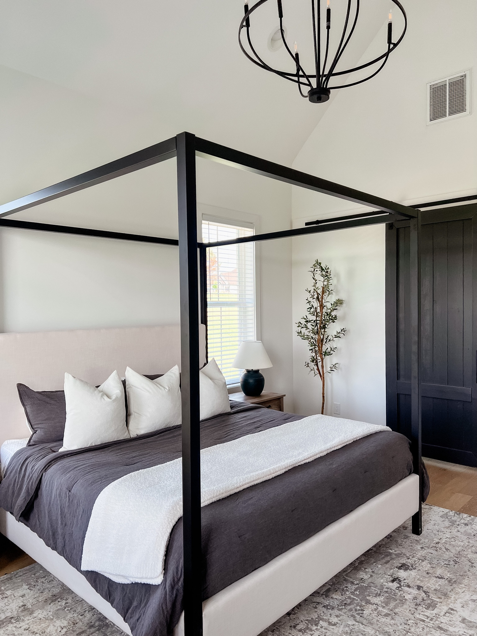 Bedroom Makeover Complete ✔️ 

Pottery barn atwell canopy bed dupe from wayfair. 

Bedroom furniture, canopy bed, linen bedding, chenille blanket, faux plant, nightstand lamp, bedroom rug, area rug, modern primary bedroom furniture, neutral bedroom, ivory accent pillows, gray comforter, black lamp,
 

#LTKhome