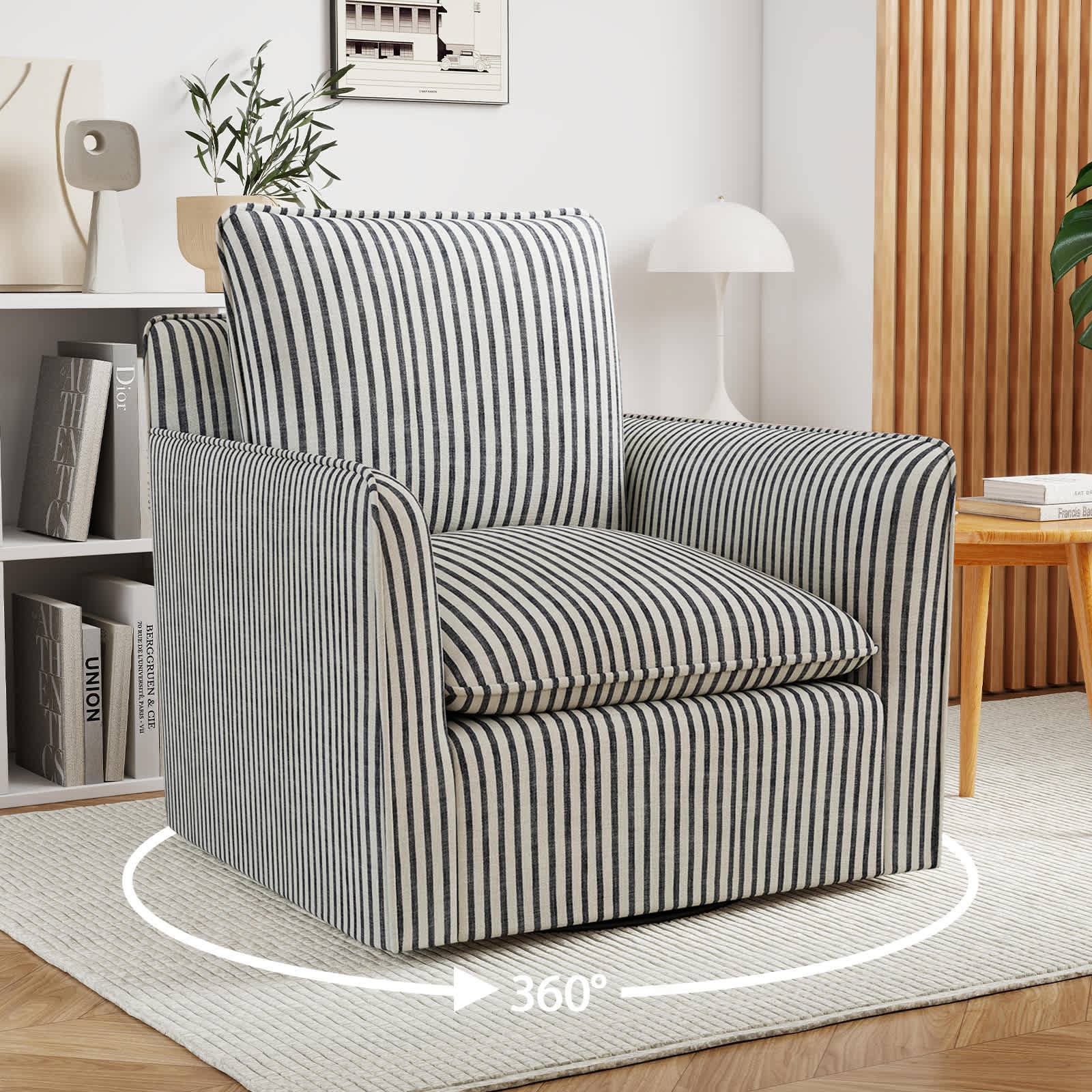 Canmov  360 Degrees Swivel Chair with Thick Cushion Blue Stripe Fabric Accent Chair for Living Room | Lowe's