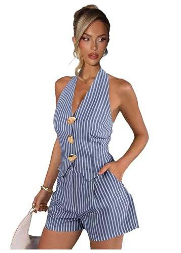 kangsitp Seersucker Summer Sets Women 2 Piece Shorts Set Beach Blue Sleeveless Striped Tops Shorts Casual Curvy Halter Outfits Size X-Small | Amazon (US)