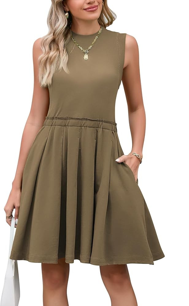 Pink Queen Women's Summer Sleeveless Mini Dress 2024 Crewneck Knit A Line Pleated Swing Casual Ba... | Amazon (US)