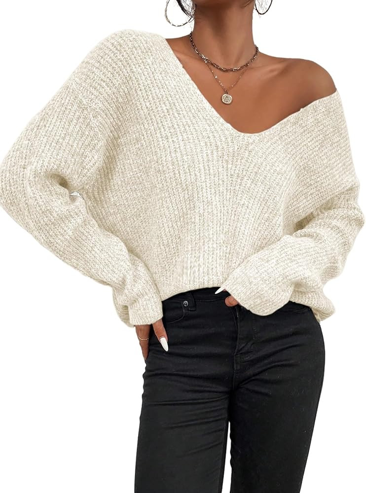 WDIRARA Women's V Neck Sweater Long Sleeve Drop Shoulder Ribbed Knit Oversized Pullovers Tops | Amazon (US)