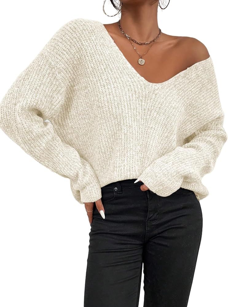 WDIRARA Women's V Neck Sweater Long Sleeve Drop Shoulder Ribbed Knit Oversized Pullovers Tops | Amazon (US)