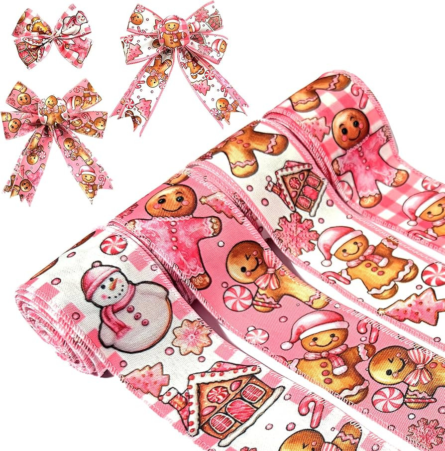 4 Rolls 24 Yards Pink Christmas Wired Ribbon, Gingerbread Man, Snowman Snowflake Ribbon Christmas... | Amazon (US)
