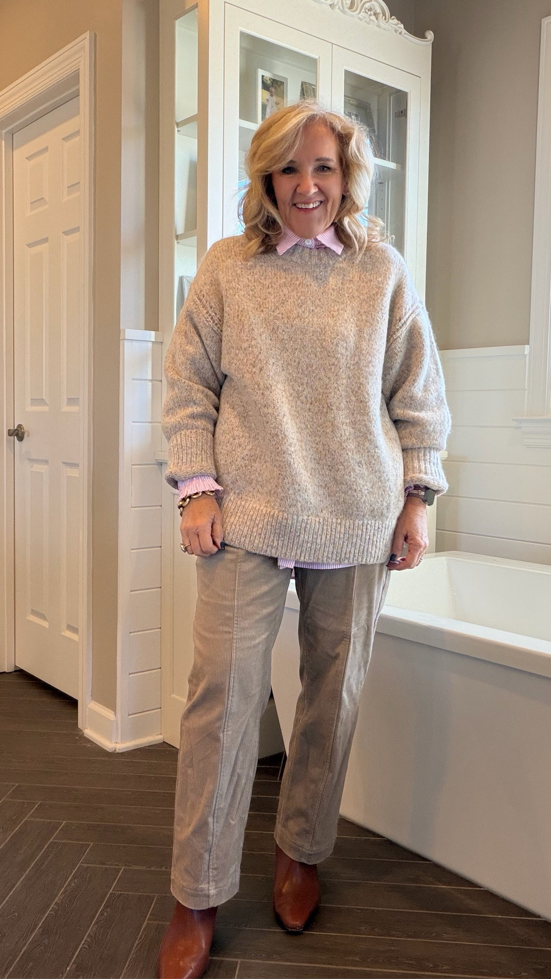 @boden corduroys size 8 petite 
@jcrew sweater size medium this neutral is almost home but some other pretty colors available  
Blouse size large but you don’t need to size up it’s plenty big 

Cold weather outfit winter outfit oversized sweater 

#LTKootd #LTKOver40 #LTKPetite