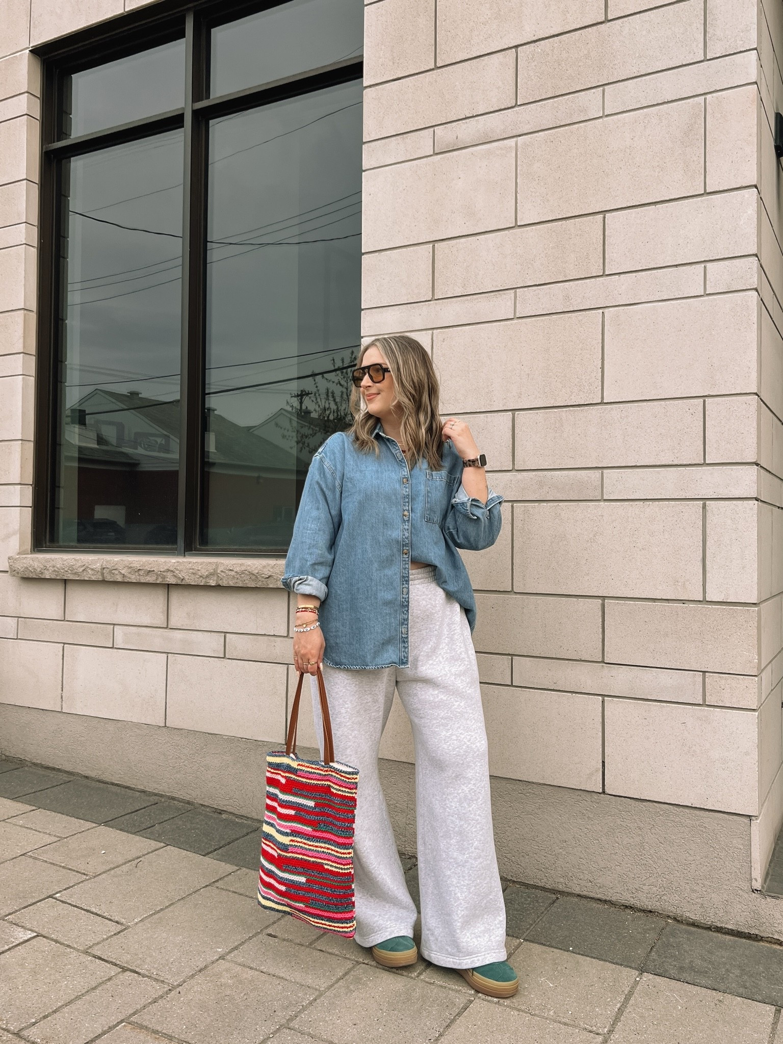 Comfy casual spring outfit! Canadian Old Navy & Gap links are under “similar products”. Wearing my usual size L in the oversized denim shirt (one of my most worn pieces!) and L in the wide leg sweatpants. This striped crochet bag is such a fun pop of color to make a simple outfit more interesting! Adidas gazelles a run a little big, I’m usually a 9.5-10 and wear a 9

#LTKmidsize #LTKsale #LTKbag
