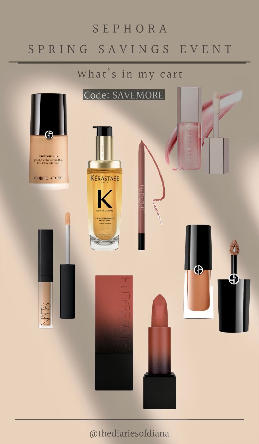 Sephora spring savings event! 
What’s in my cart 
Armani luminous foundation (5.75), NARS (custard), kerastase elixir oil, Huda beauty bullet lipstick (interview), huda beauty lipliner (honey), Armani eye tint, Fenty gloss bomb

#LTKSaleAlert #LTKBeauty #LTKOver40