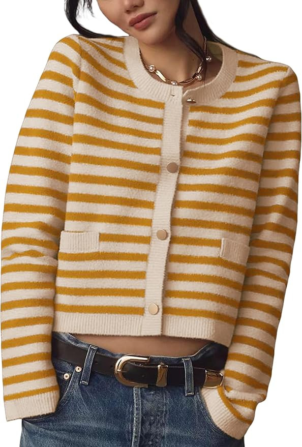 Lentta Womens Striped Knit Cardigan Sweater Crew Neck Long Sleeve Button Front Outerwear | Amazon (US)