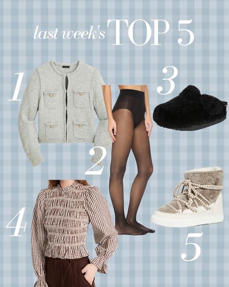 Last Week’s Top 5 favorites! The J. Crew lady sweater that has hit the fashion world by storm, a perfect pair of sheer tights for layering all season, shearling Birkenstocks that are sure to keep your feet warm, a fall smocked top that could be great to wear on Thanksgiving and a pair of shearling boots for all of your cold weather adventures!

#LTKshoecrush #LTKSeasonal #LTKstyletip