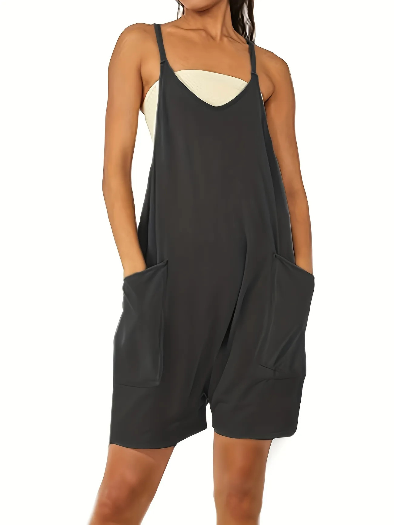 Look Stylish and Feel Comfy: Women's Solid Spaghetti V-Neck Jumpsuit with Pockets | Temu Affiliate Program