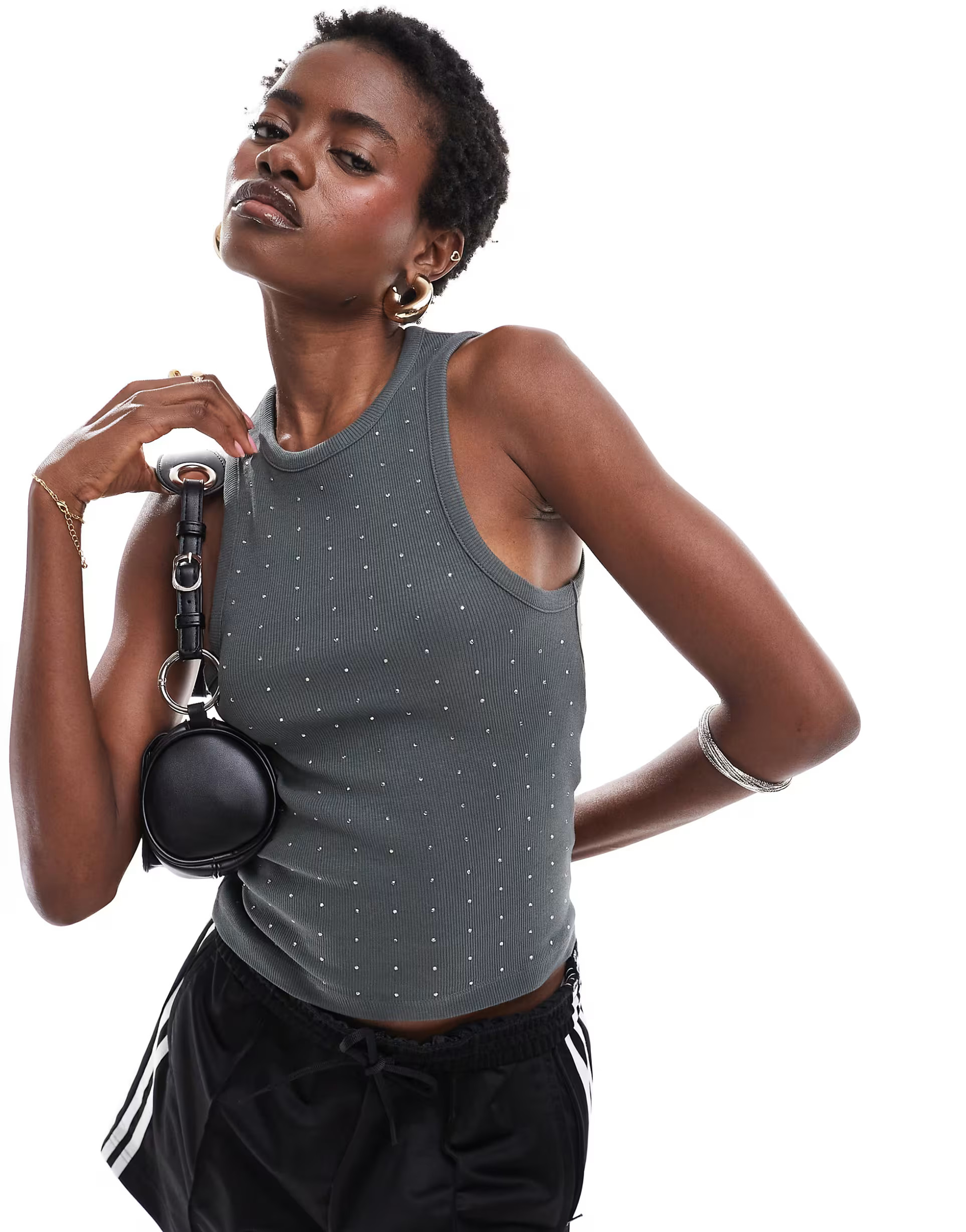 COLLUSION rhinestone racer neck tank top in gray | ASOS (Global)