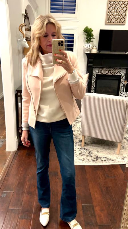 Spring outfit of the day🤍🌸

A light sweater Roman sleeve and boat neck comes I. Several colors and affordable  fits tts 

 light weight jersey moto jacket  by Gibson look in dusty pink also comes in several colors fits tts 
🚨 Save  10% off with code DARCY10

Wit and wisdom itty bitty booty flare size down a great way to try a flare and it’s just slight and elongates the leg under $80 a great buy

Steve Madden chain mules (last years) linked this years 

Great Work wear pieces 

#LTKfindsunder100 #LTKstyletip #LTKworkwear