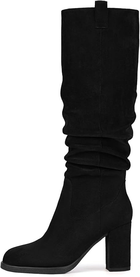 Suede Knee High Boots for Women - Tall Chunky High Heel Dress Boot with Side Zipper, Round Toe Ru... | Amazon (US)
