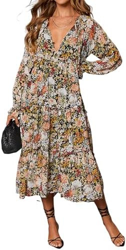 R.Vivimos Women's Fall Floral Print Midi Dress 2025 Long Sleeve V Neck Casual Loose Ruffle Tiered... | Amazon (US)