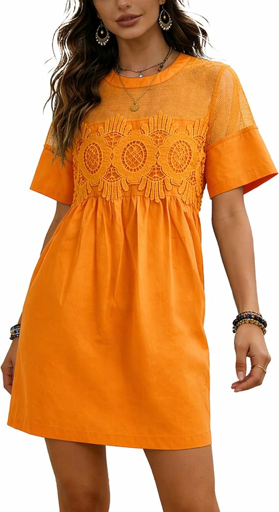 Womens Babydoll Mini Dress Short Sleeve Crewneck Lace Patchwork Mesh Summer Swing Dress with Pock... | Amazon (US)