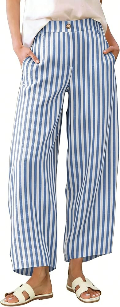 Athlisan Womens Summer Striped Barrel Pants Casual Baggy Wide Leg Palazzo Pants Beach Vacation Ou... | Amazon (US)