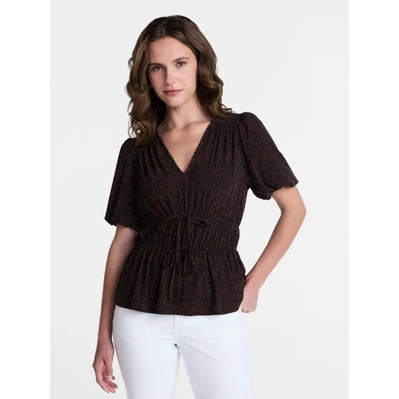 Time and Tru Women's and Women's Plus V Neck Shirred Peplum Top, Sizes XS-XXXL | Walmart (US)