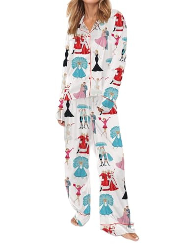 Seyurigaoka Satin Silk Christmas Pajamas Set for Women Cute Santa Claus Pjs Button Up Shirt+Pants 2 Piece Xmas Jammies (Princess White, M) | Amazon (US)